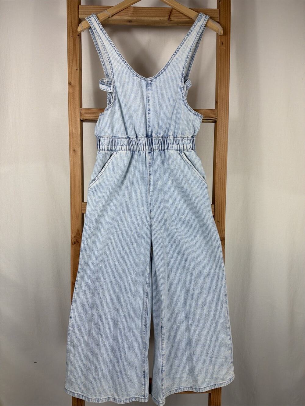 NWT Dear John Blue Pinstriped Overalls Romper Sleeveless Cropped Jumper #1087 XL